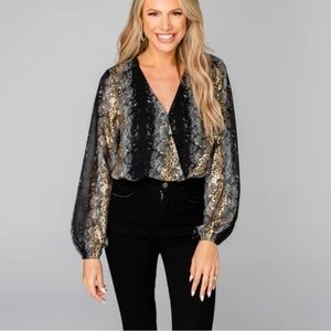 Buddy Love Katrina Snake Skin Metallic Bodysuit NWT Black Gray & Gold